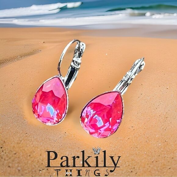 Handcrafted earrings with a pink teardrop Swarovski crystal - Picture 1 of 4
